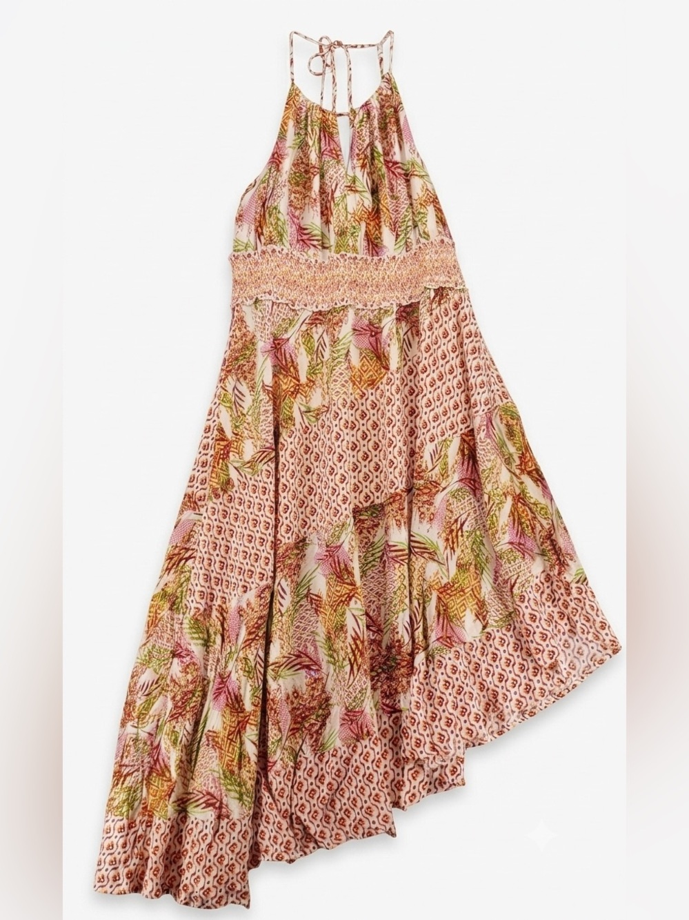 Cato Boho Floral Print Halter Maxi Dress - Smocked Waist - Size Large